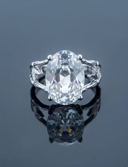 Silver Oval Quartz Botanical Solitaire Ring