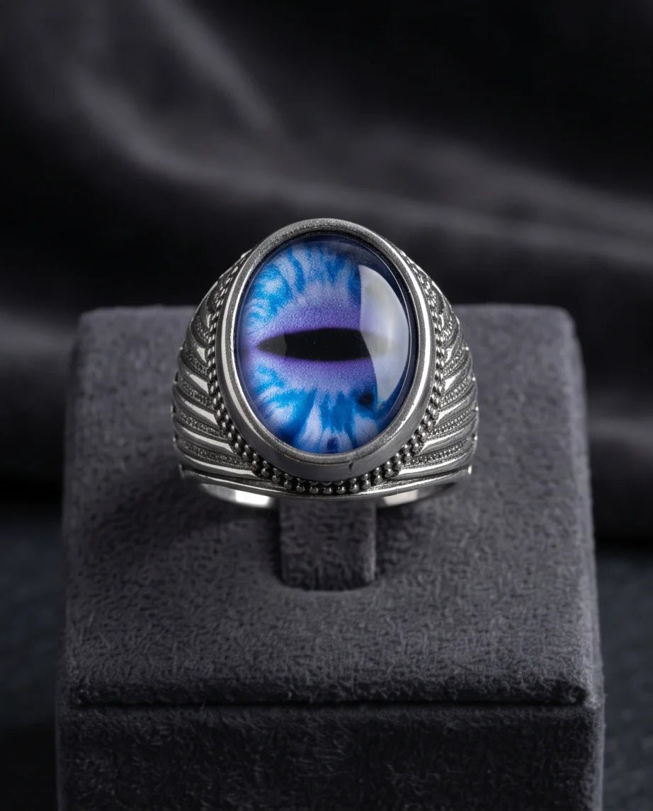 Sapphire Frost Slit-Pupil Beaded Silver Ring