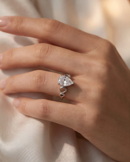 Clear Gemstone Prong-Set Teardrop Loop Silver Ring