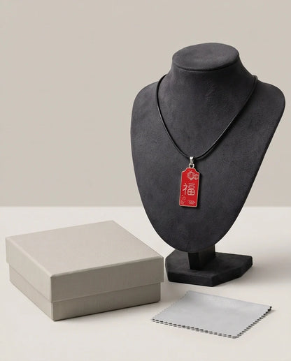 Traditional Red Rectangular "Fu" Blessings Pendant Necklace