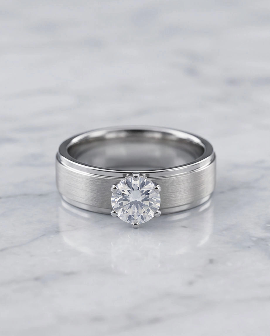 Silver Round Gemstone Brushed Solitaire Ring