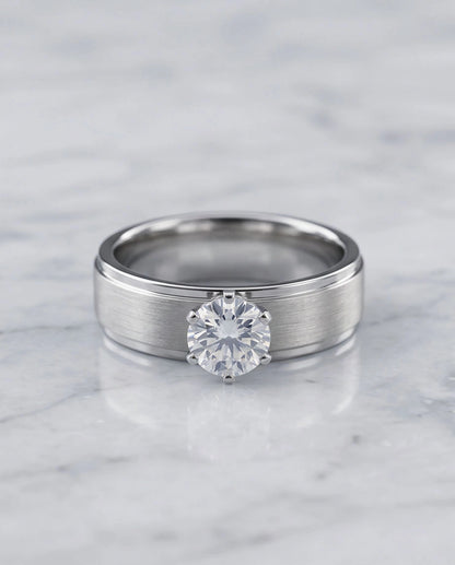 Silver Round Gemstone Brushed Solitaire Ring