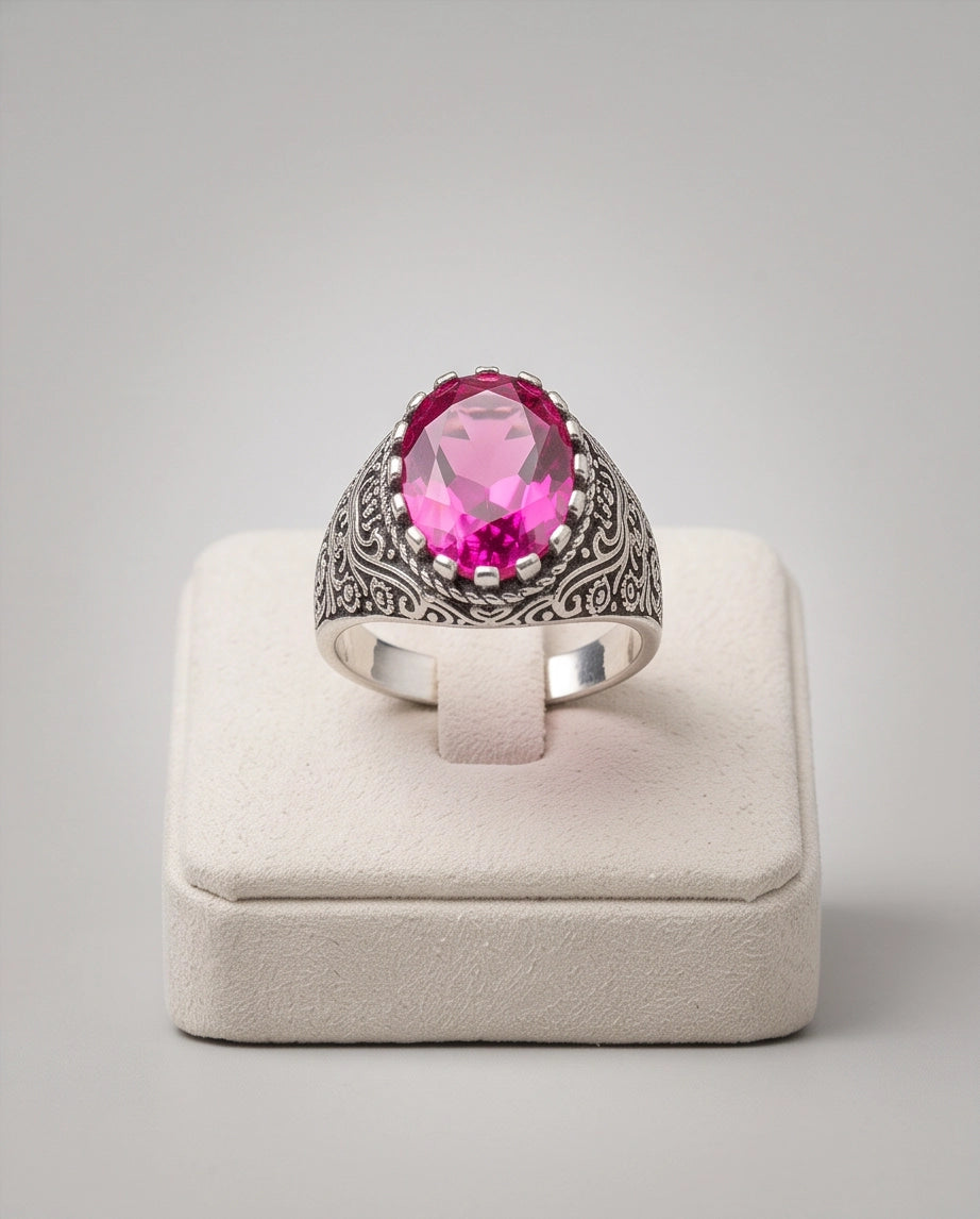Magenta Oval-Cut Gemstone Ornate Filigree Silver Ring