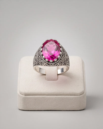 Magenta Oval-Cut Gemstone Ornate Filigree Silver Ring