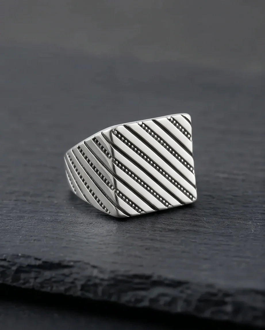 Sterling Silver Diagonal Pinstripe Geometric Signet Ring