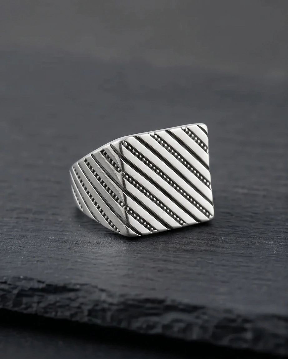 Sterling Silver Diagonal Pinstripe Geometric Signet Ring