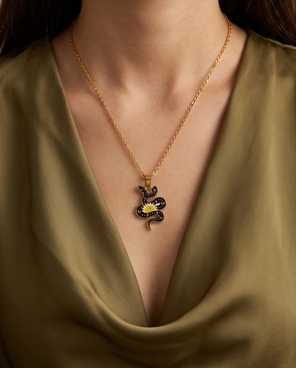 Gold Sunburst Serpent Enamel Pendant Necklace