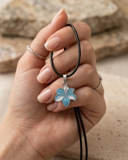 Serene Blue and White Lily Enamel Pendant Necklace