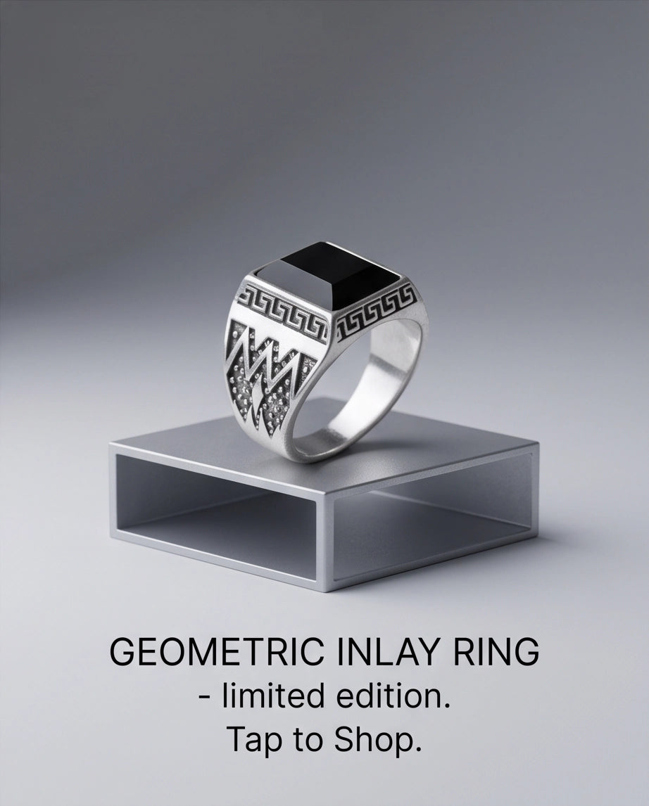 Onyx Gemstone Rectangular Bevel Greek Key Zigzag Silver Ring