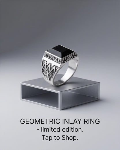 Onyx Gemstone Rectangular Bevel Greek Key Zigzag Silver Ring