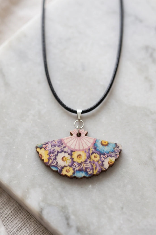 Vintage Blue & Yellow Floral Hand-Fan Pendant Necklace