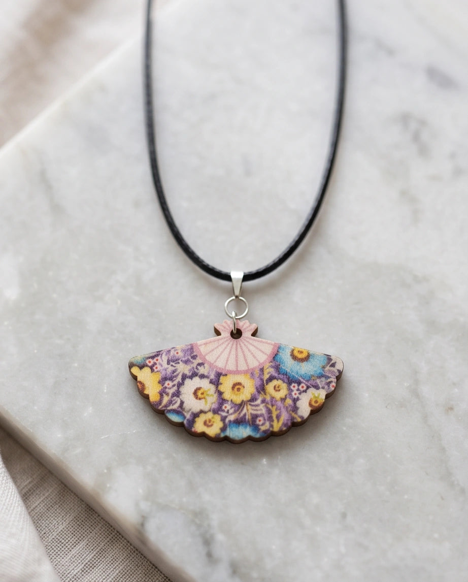 Vintage Blue & Yellow Floral Hand-Fan Pendant Necklace