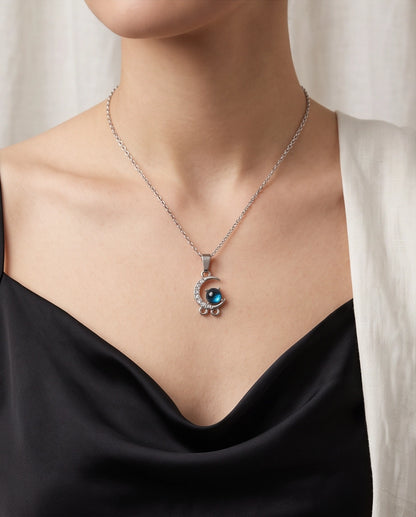 Silver Crystal Crescent Moon & Cosmic Blue Stone Pendant Necklace