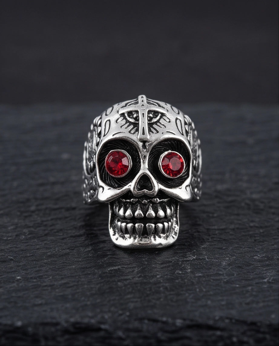 Ruby-Eyed Filigree Skull Band Silver Ring