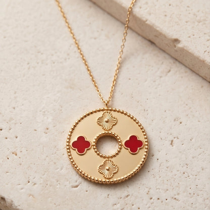 Gold Red Clover Medallion Necklace