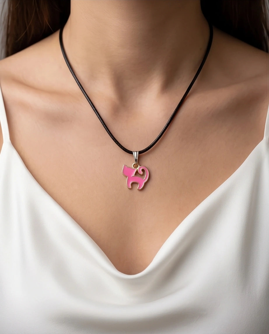 Gold and Pink Cat Pendant Necklace