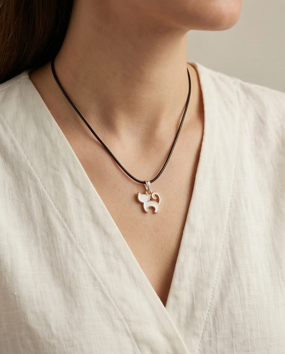 Gold and White Cat Pendant Necklace