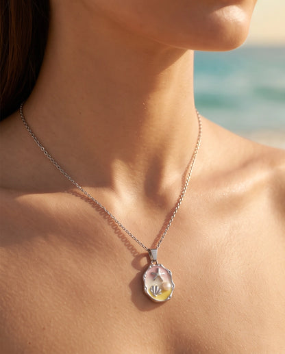 Silver Seashell Starfish Pearl Enamel Medallion Chain Necklace
