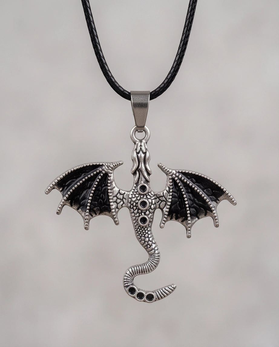 Silver Oxidized Dragon Wyvern Pendant Necklace
