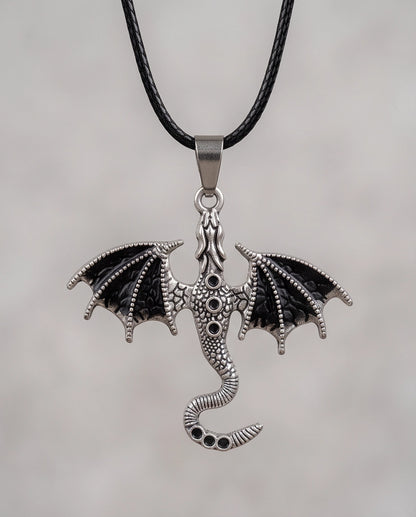 Silver Oxidized Dragon Wyvern Pendant Necklace