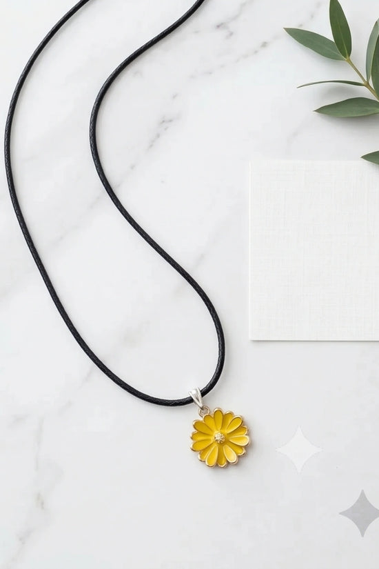 Vibrant Yellow Sunflower Enamel Pendant Necklace with Crystal Accent
