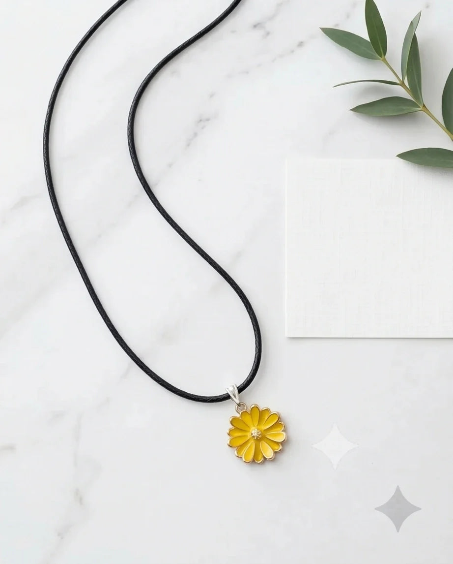 Vibrant Yellow Sunflower Enamel Pendant Necklace with Crystal Accent