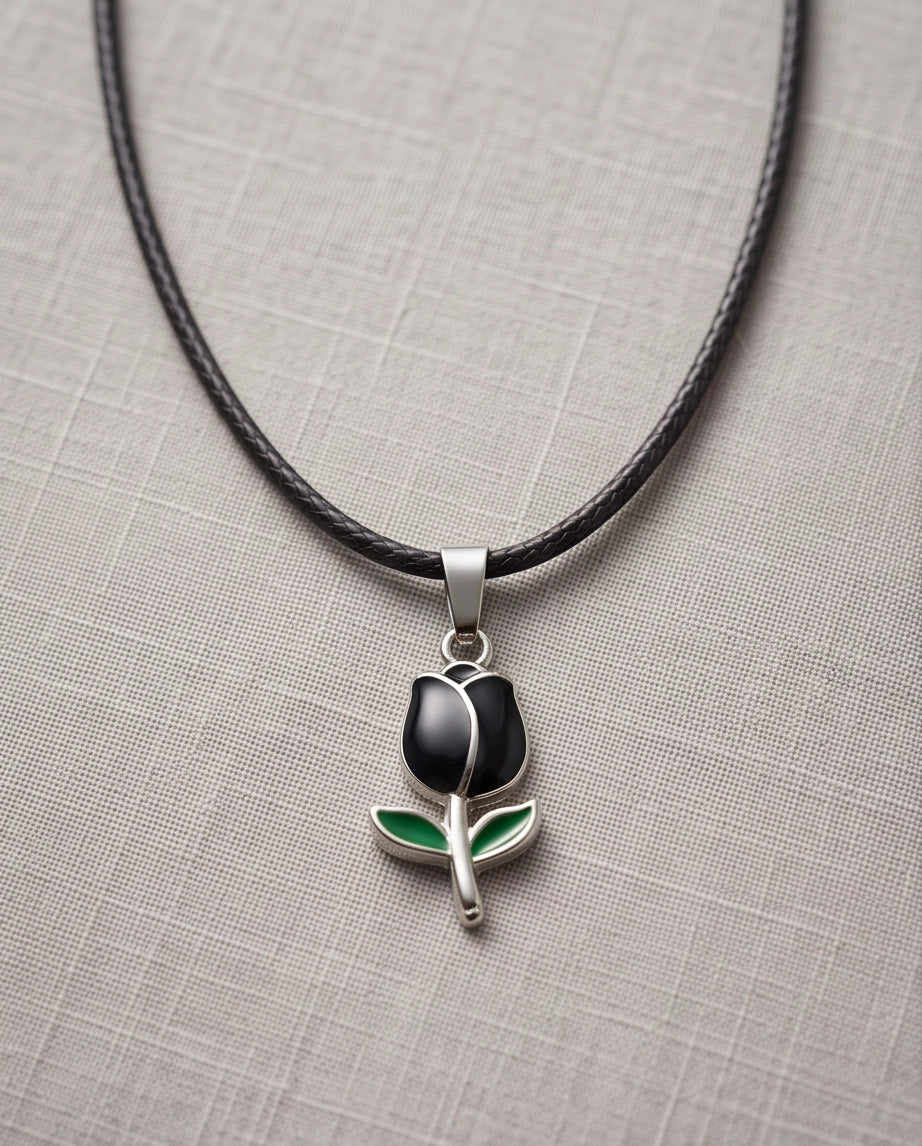 Silver Black Enamel Tulip Pendant Necklace