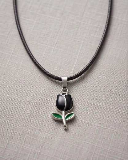 Silver Black Enamel Tulip Pendant Necklace