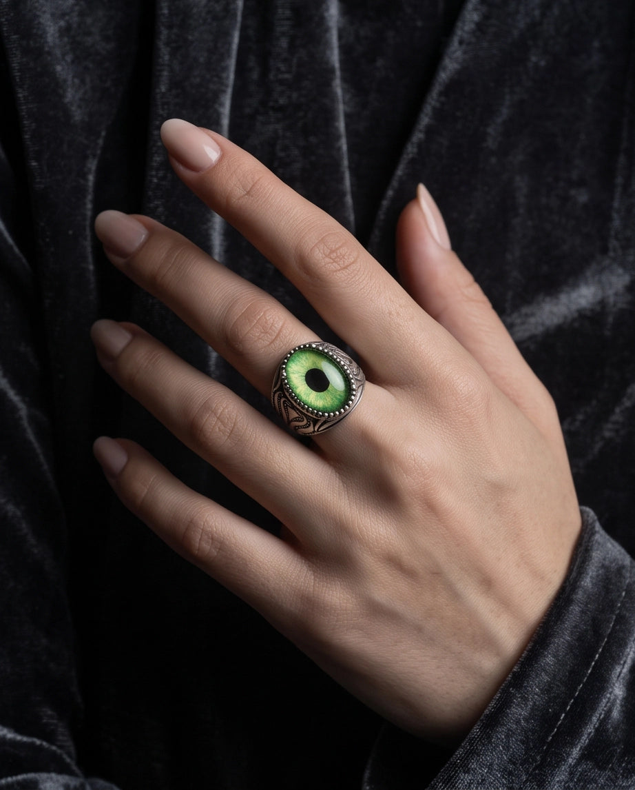 Lime-Green Elliptical-Pupil Dragon-Eye Ornate Scrollwork Silver Ring