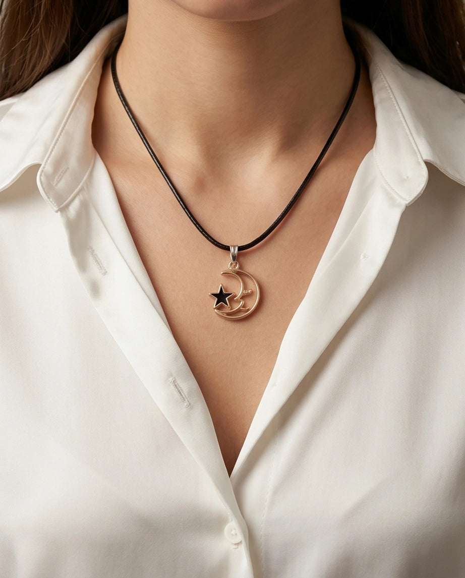 Gold Crescent Moon and Black Star Necklace