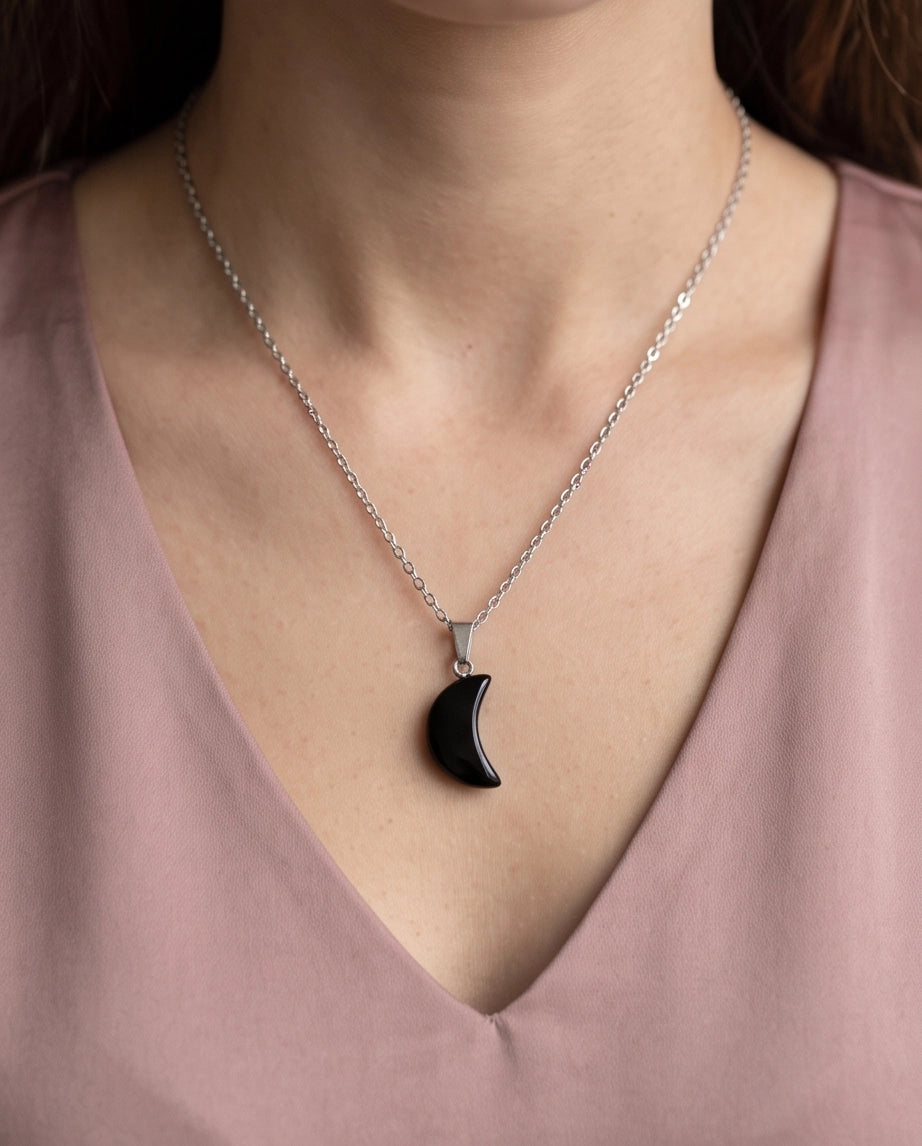 Silver Black Obsidian Crescent Moon Pendant Necklace