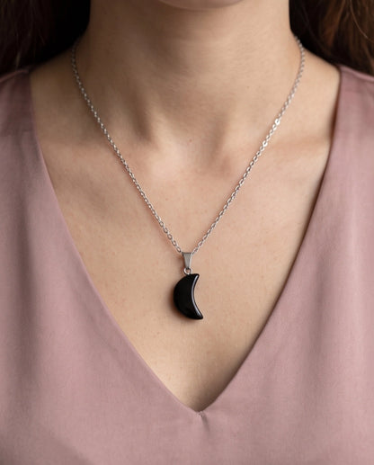 Silver Black Obsidian Crescent Moon Pendant Necklace