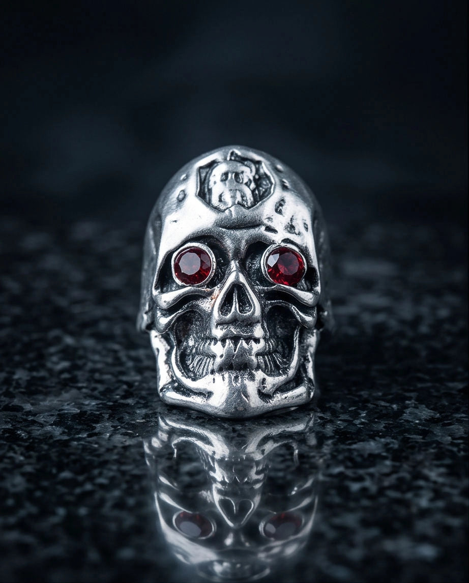 Crimson-Eyed Sculpted Skull Crest Ring