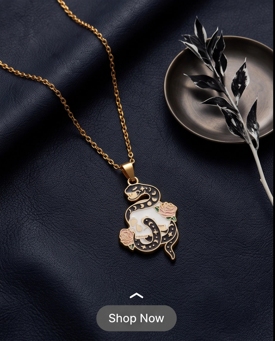 Gold Snake, Skull & Rose Enamel Pendant Necklace
