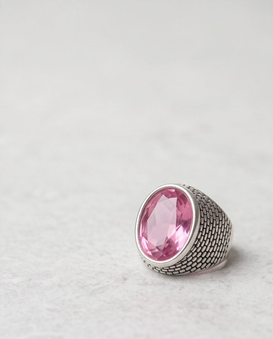 Rose Pink Oval-Cut Gemsonde Brick-Link Silver Ring