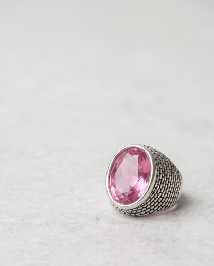 Rose Pink Oval-Cut Gemsonde Brick-Link Silver Ring