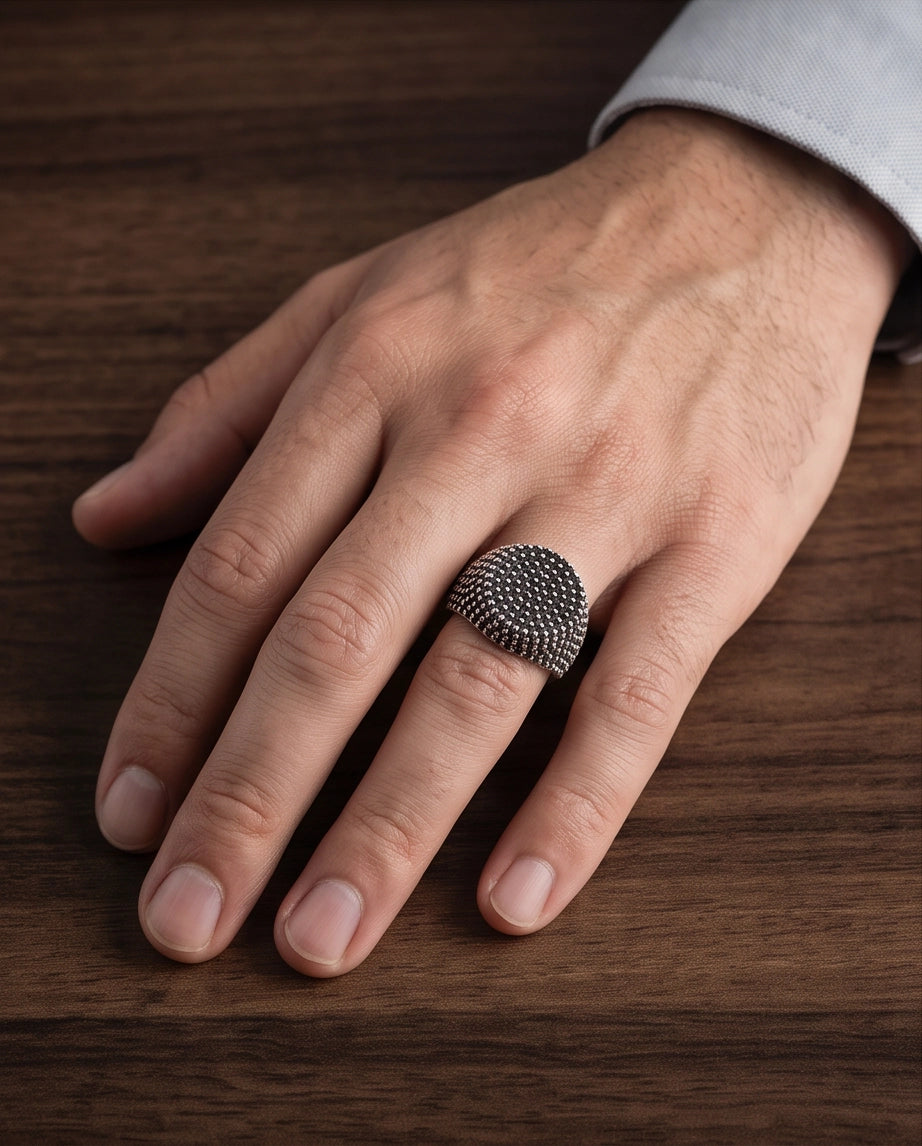 Pointillist Dotted Domed Signet Silver Ring
