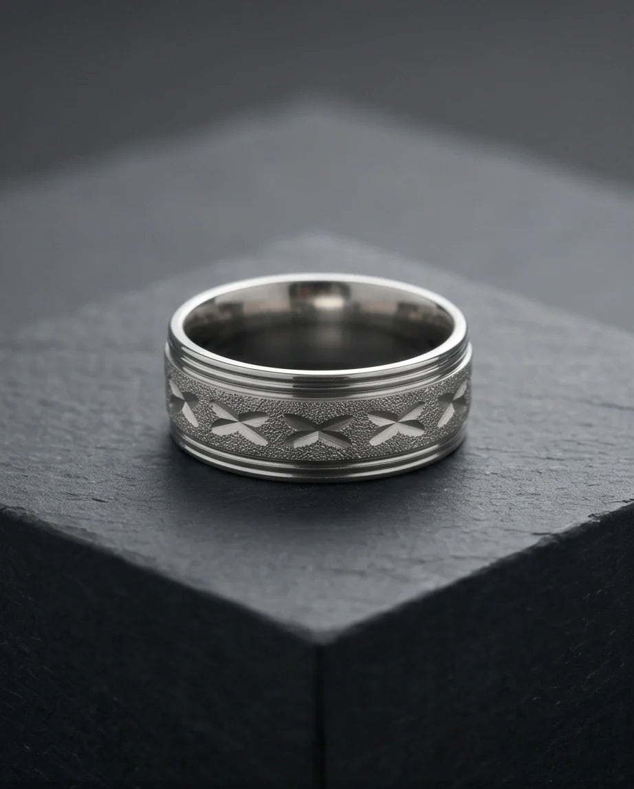 Textured Silver 'X' Engraved Band Ring