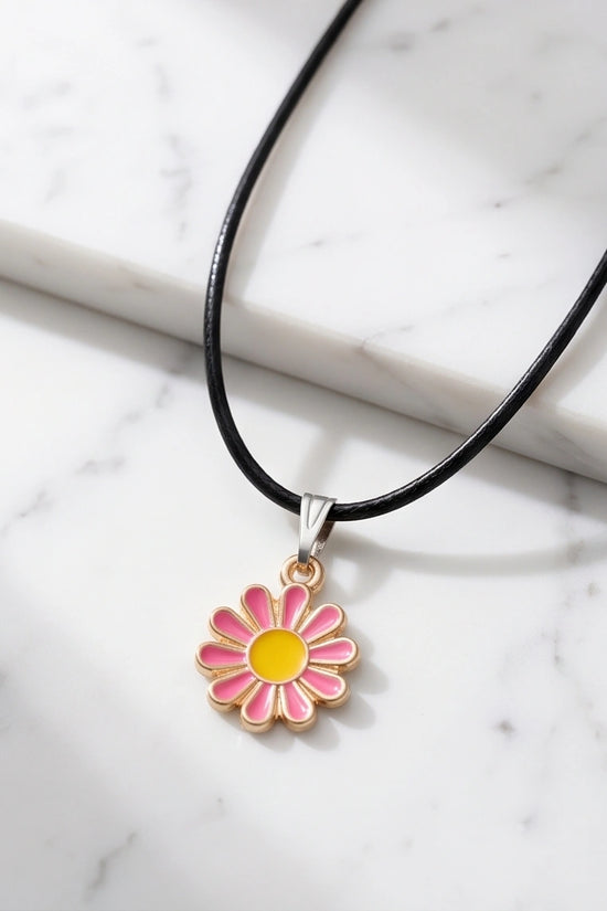 Pink Daisy Flower Enamel Pendant Choker Necklace