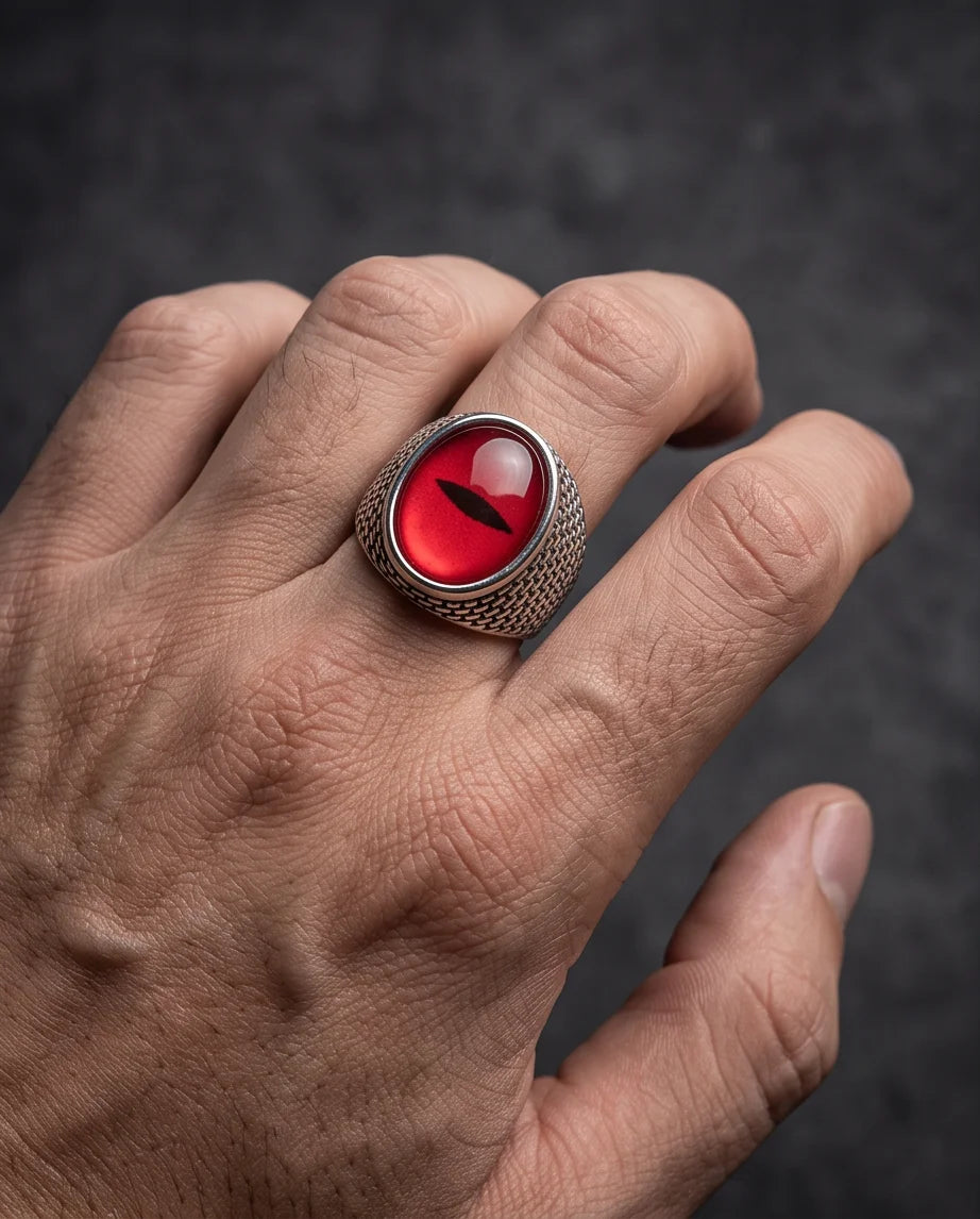 Crimson Brickwork Slit-Pupil Silver Ring
