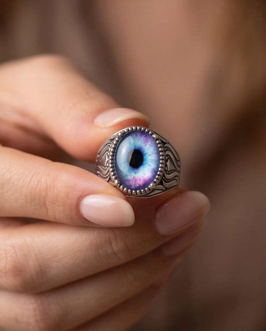 Nebula Blue-Purple Evil Eye Cabochon Ornate Scrollwork Silver Ring
