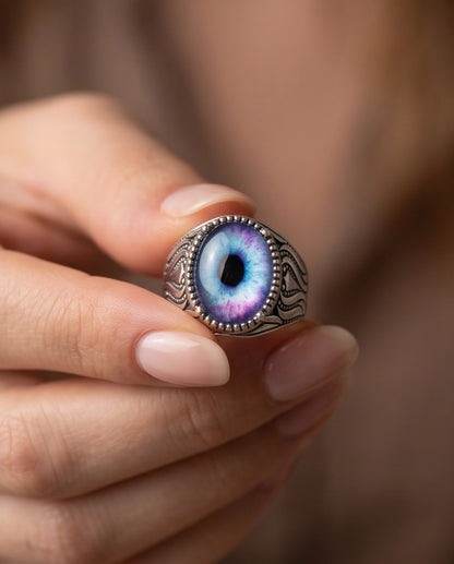 Nebula Blue-Purple Evil Eye Cabochon Ornate Scrollwork Silver Ring