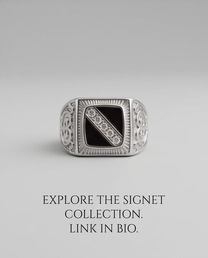 Onyx-Inlay Channel Pavé Diagonal Striped Filigree Silver Ring