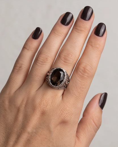 Smoky Quartz Oval-Cut Gemstone Beaded Bezel Silver Ring