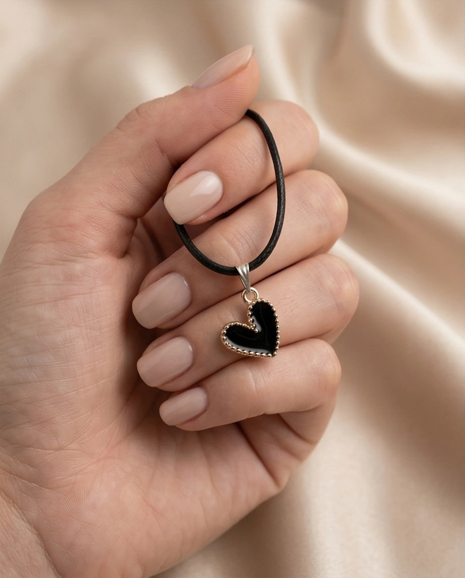 Gold Beaded Black Enamel Heart Necklace