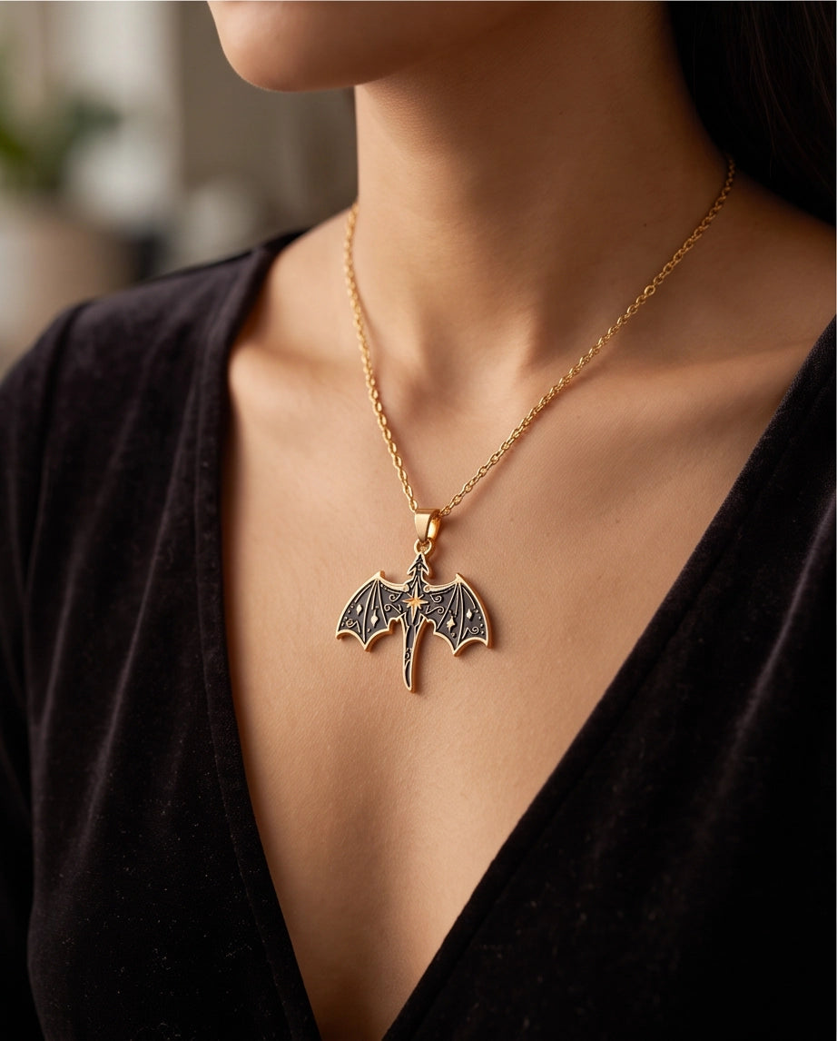 Gold Celestial Bat Enamel Pendant Necklace