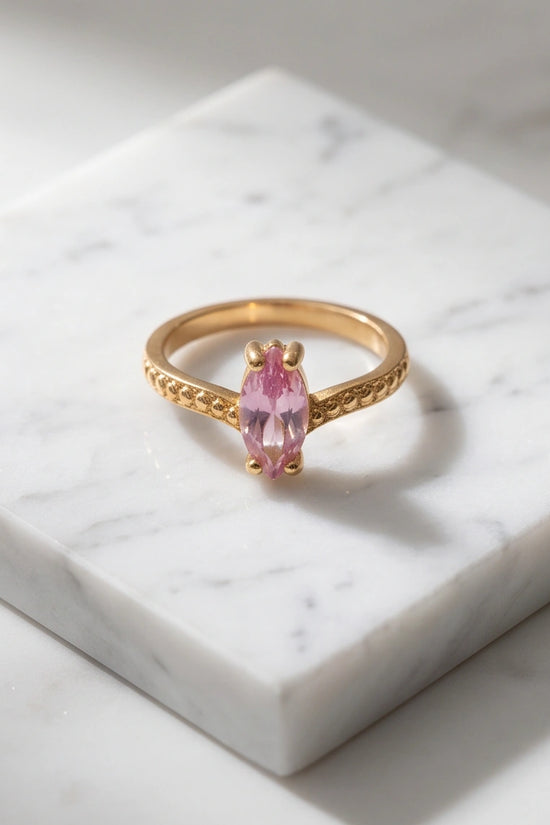 Vintage Gold Marquise Pink Tourmaline Milgrain Ring
