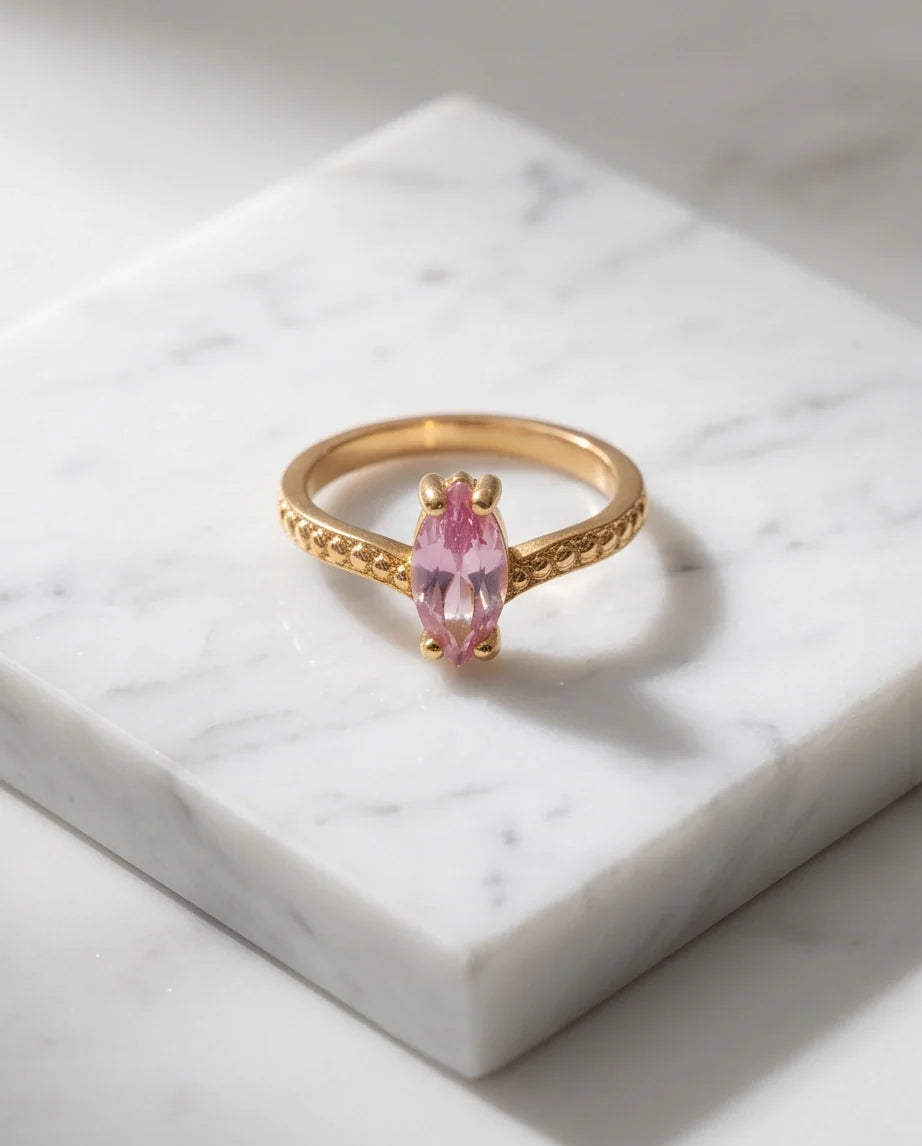 Vintage Gold Marquise Pink Tourmaline Milgrain Ring
