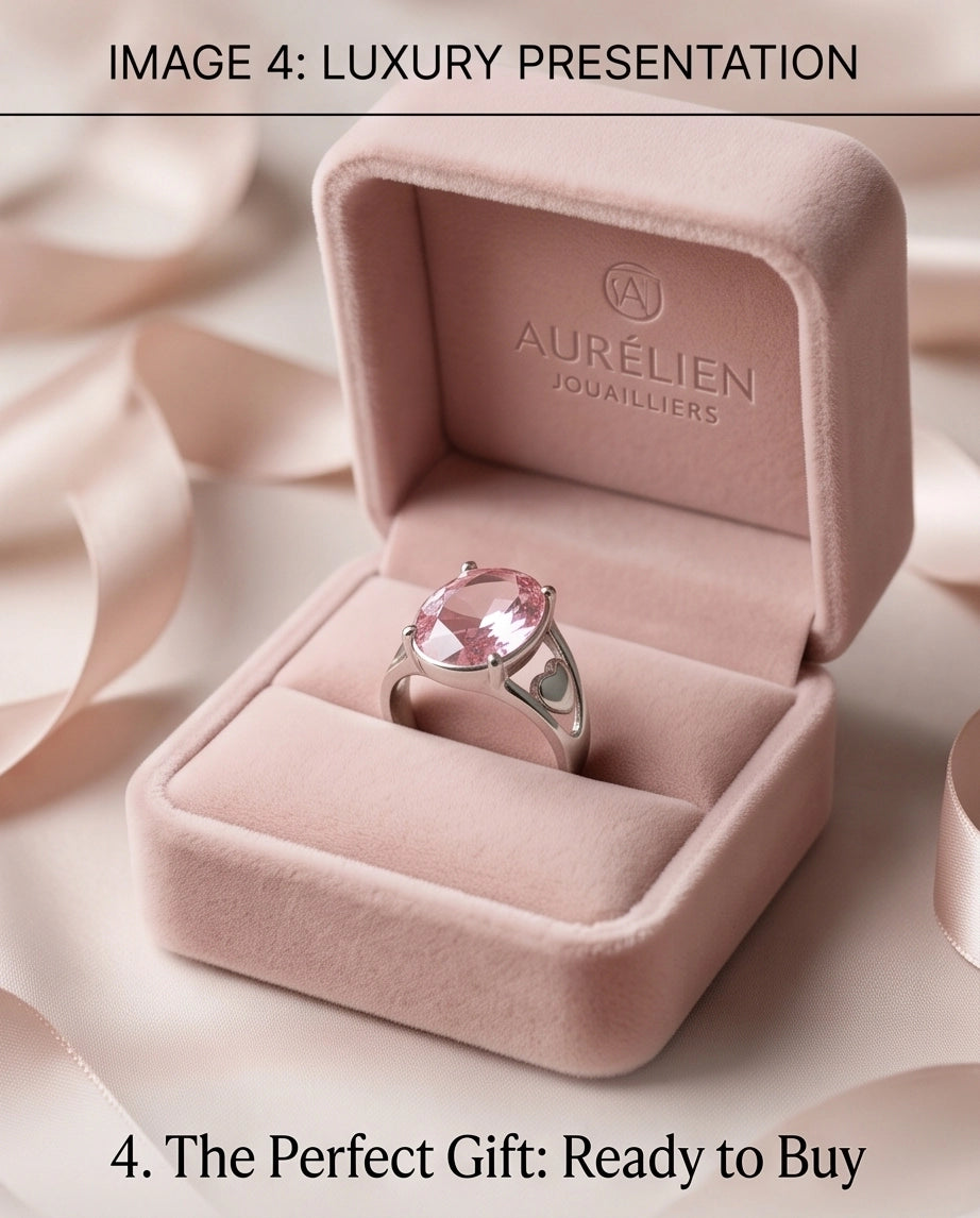 Silver Oval Pink Gemstone Heart Detail Solitaire Ring