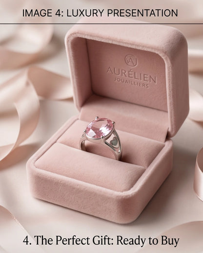 Silver Oval Pink Gemstone Heart Detail Solitaire Ring